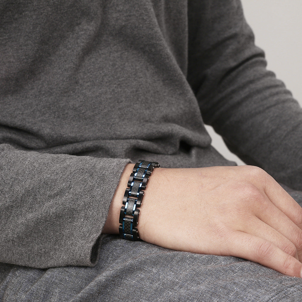 Men's Solid Carbon Fiber and Stainless Steel Square Link Bracelet
