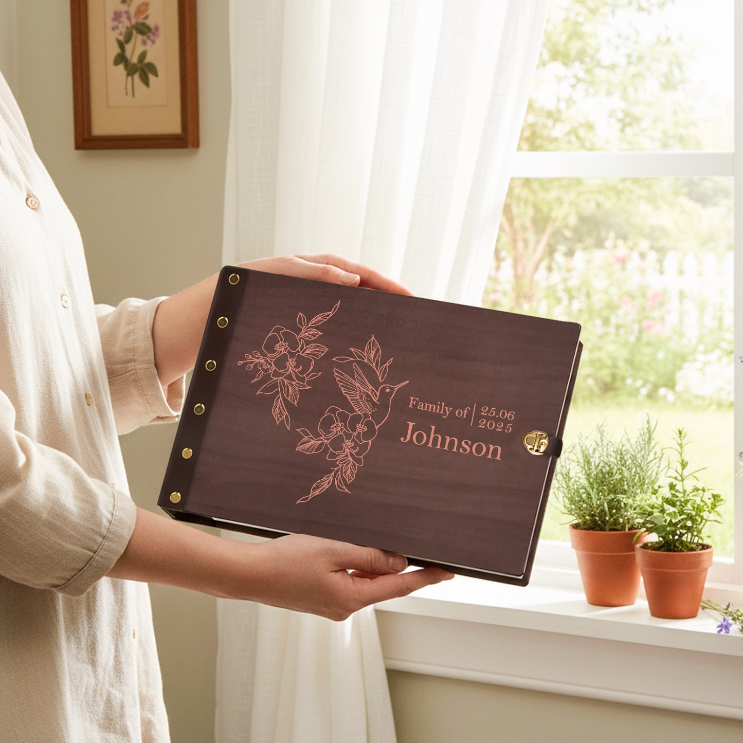 Personalized Family Photo Album โ Hummingbird & Floral Engraved Wooden Cover