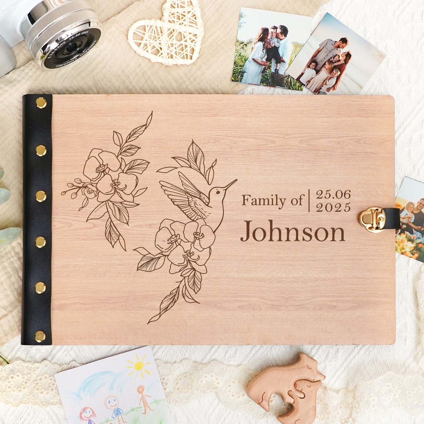 Personalized Family Photo Album โ Hummingbird & Floral Engraved Wooden Cover