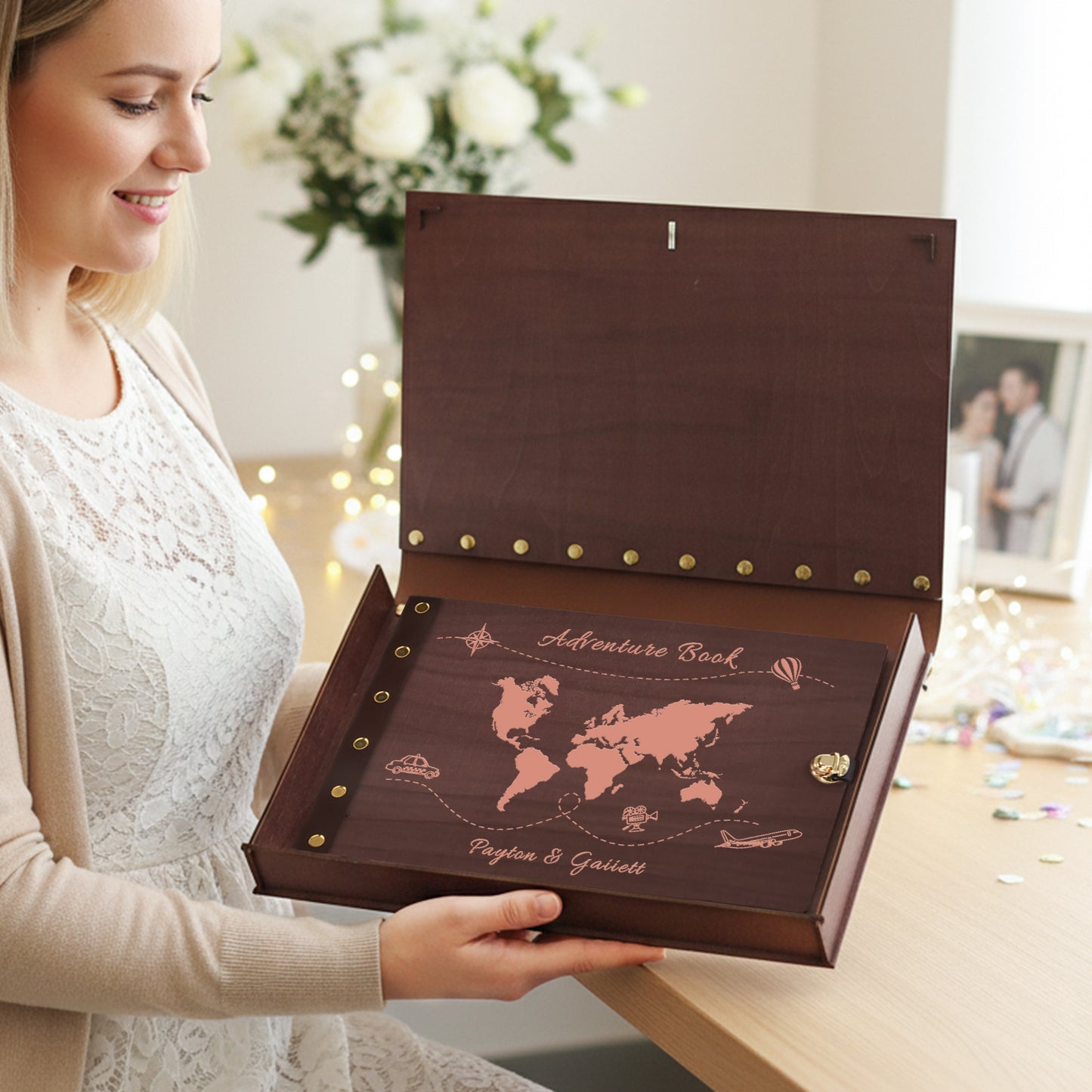 Personalized Travel Photo Album โ World Map Engraved Wooden Cover