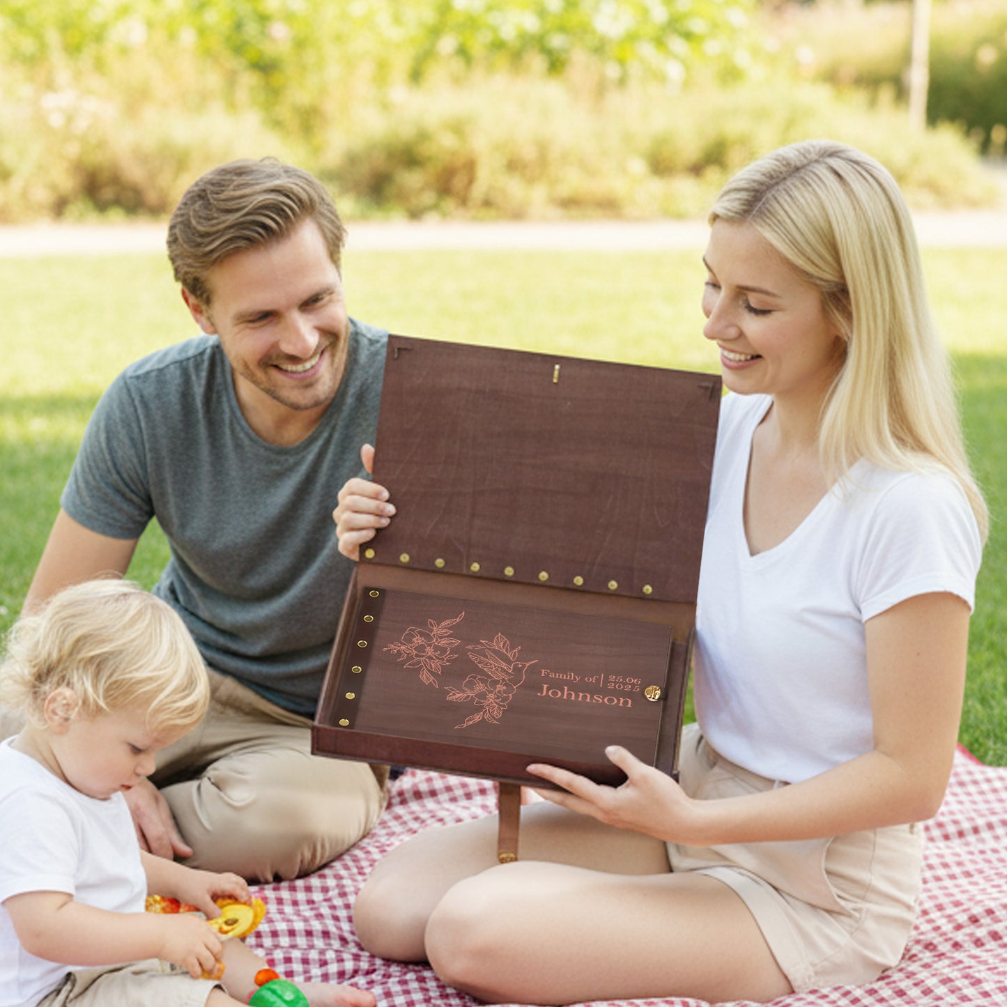Personalized Family Photo Album โ Hummingbird & Floral Engraved Wooden Cover