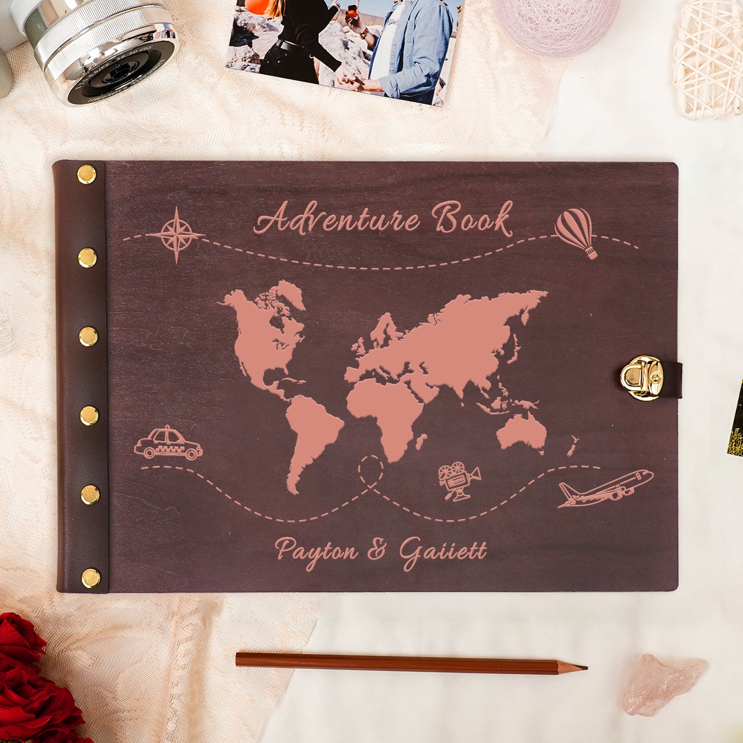 Personalized Travel Photo Album โ World Map Engraved Wooden Cover