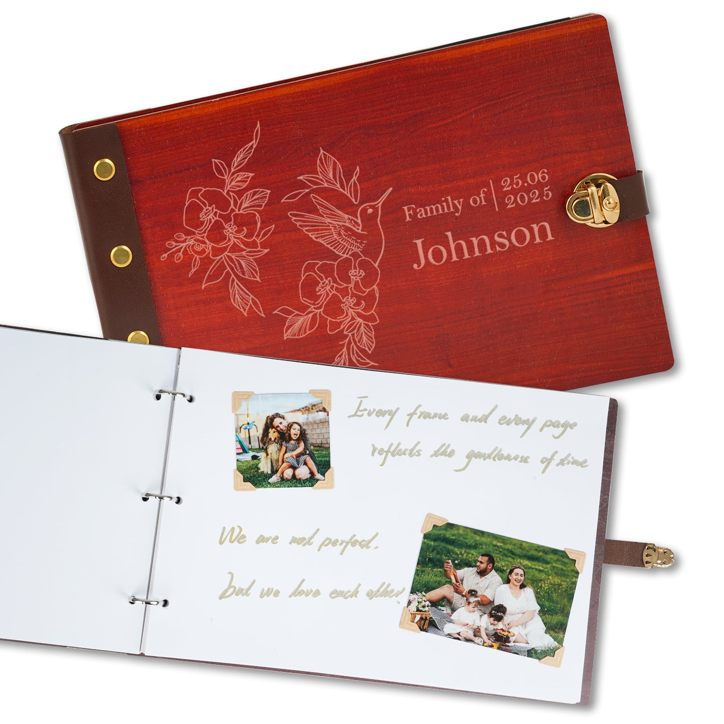 Personalized Family Photo Album โ Hummingbird & Floral Engraved Wooden Cover