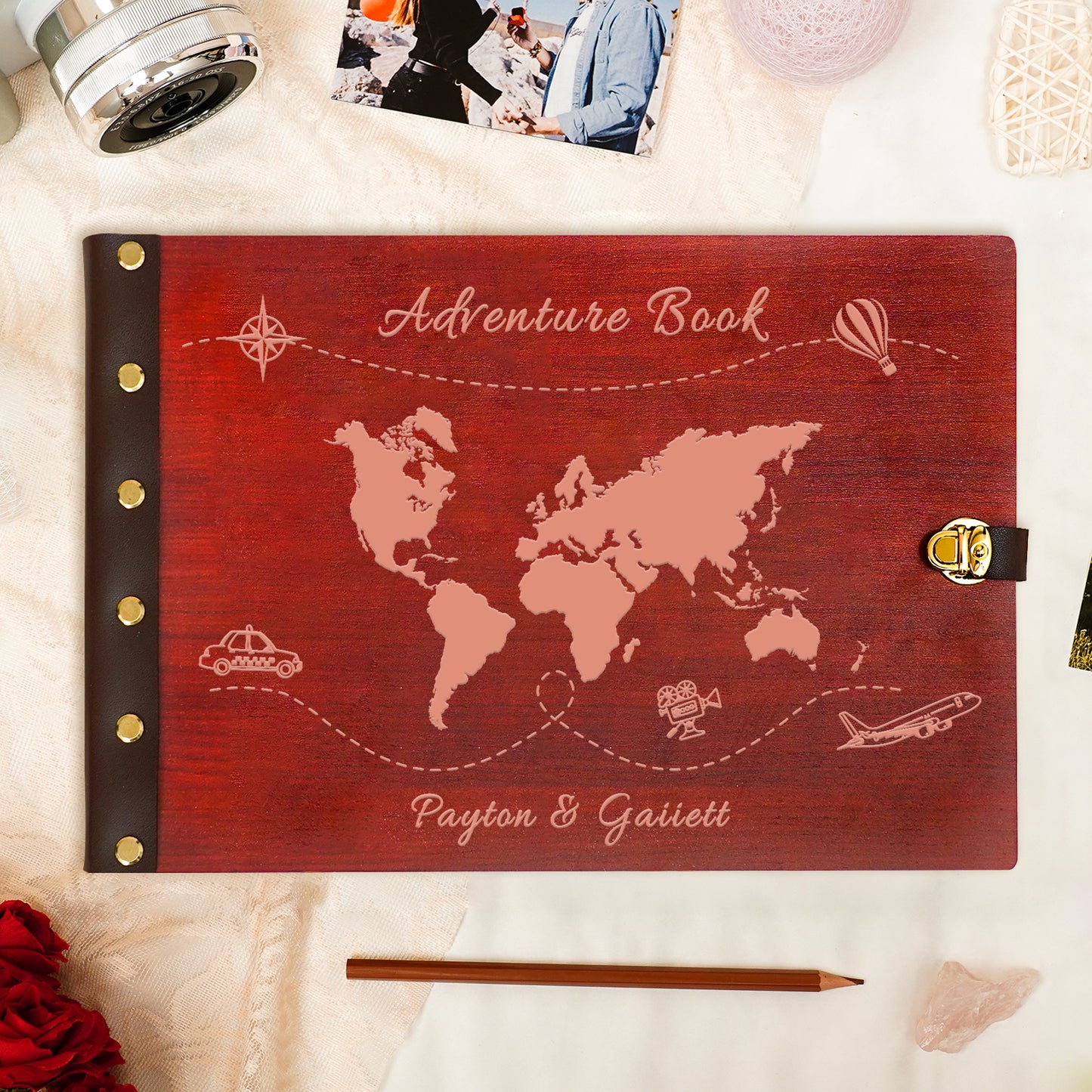 Personalized Travel Photo Album โ World Map Engraved Wooden Cover