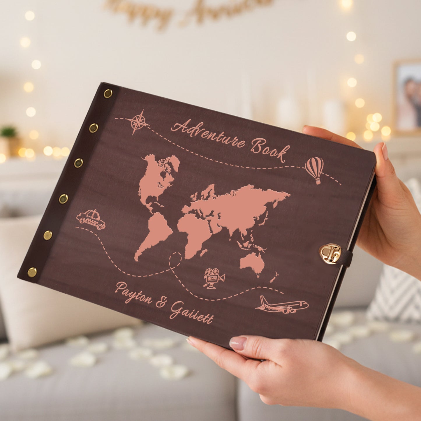 Personalized Travel Photo Album โ World Map Engraved Wooden Cover