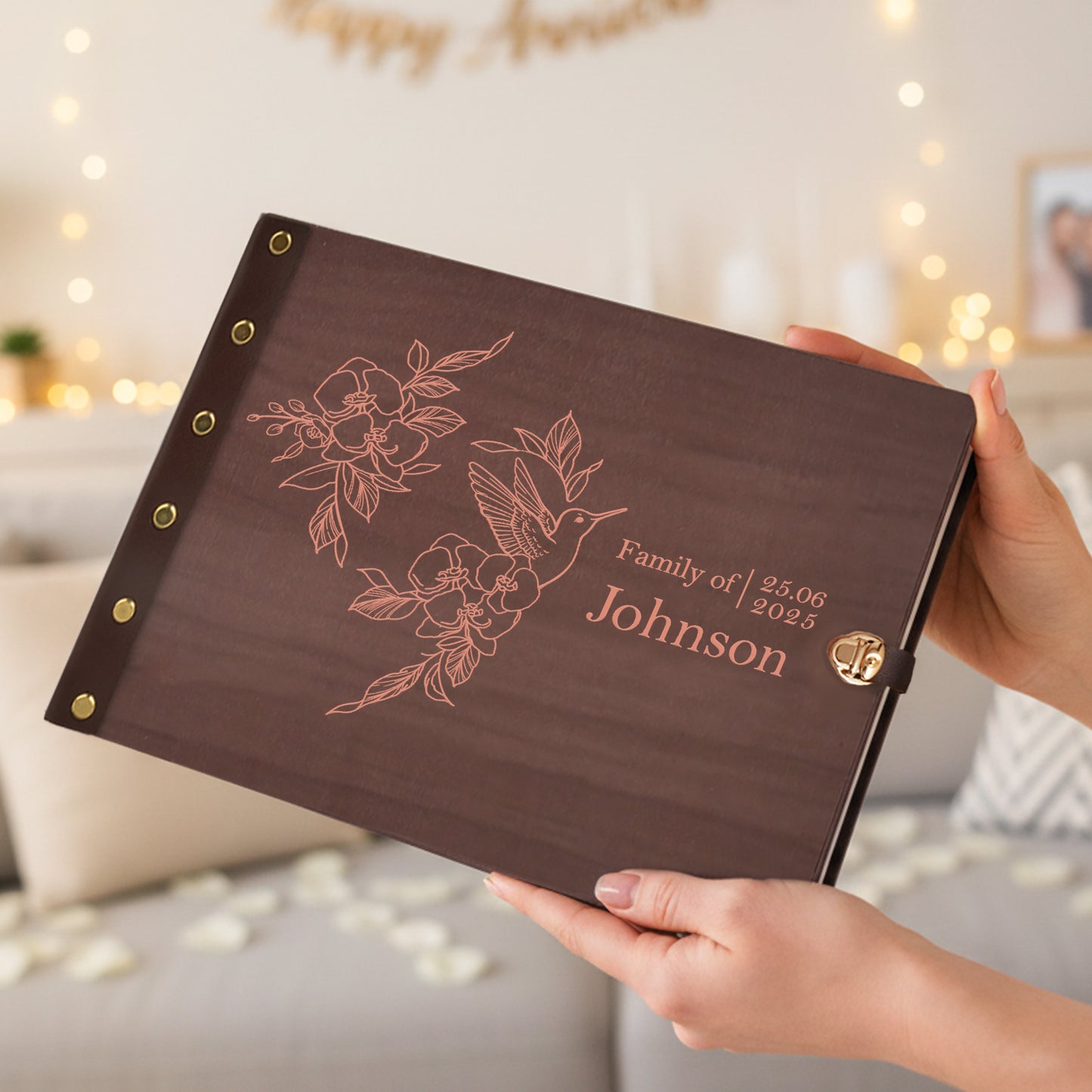 Personalized Family Photo Album โ Hummingbird & Floral Engraved Wooden Cover
