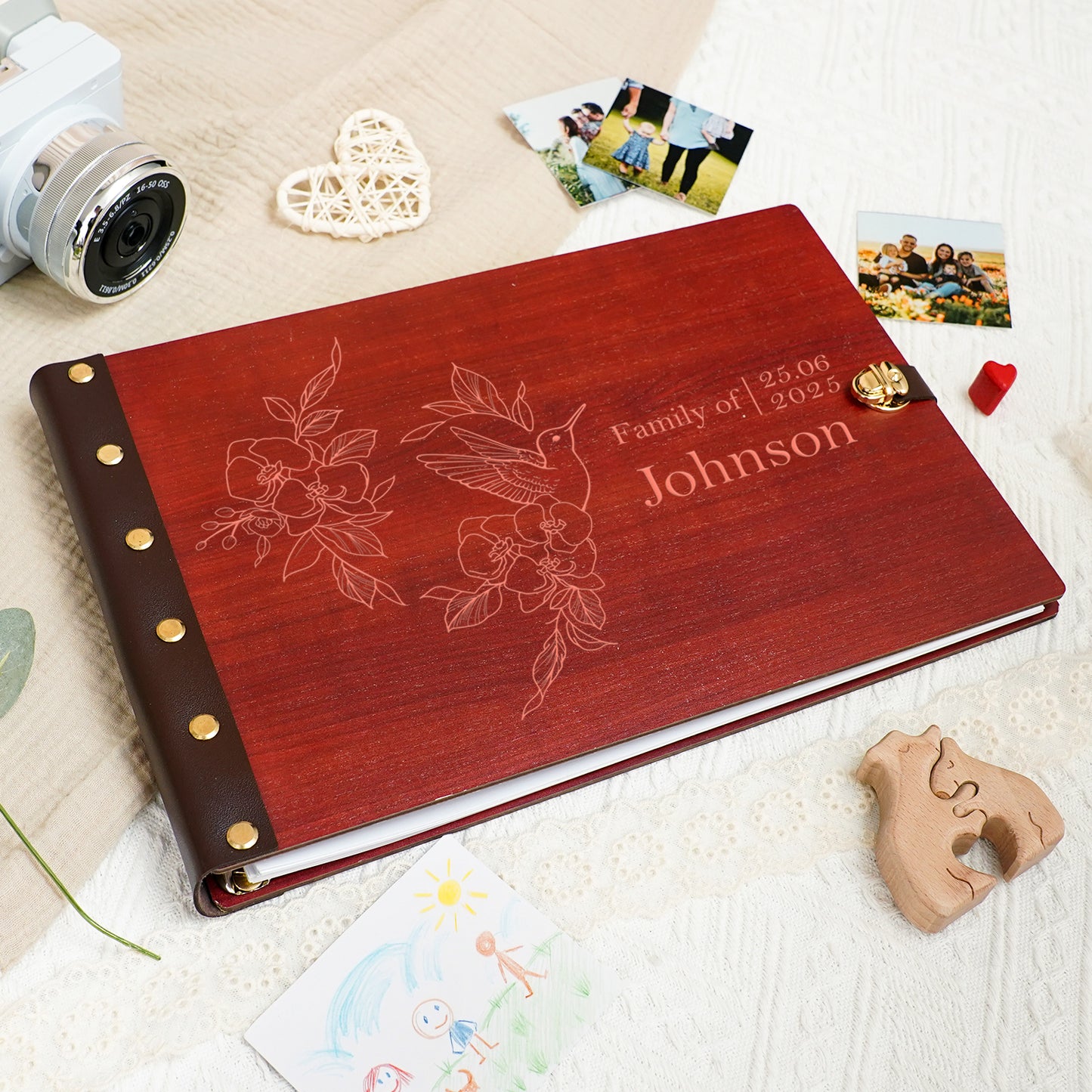 Personalized Family Photo Album โ Hummingbird & Floral Engraved Wooden Cover