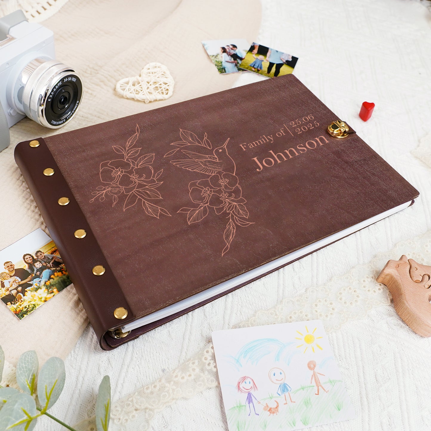 Personalized Family Photo Album โ Hummingbird & Floral Engraved Wooden Cover