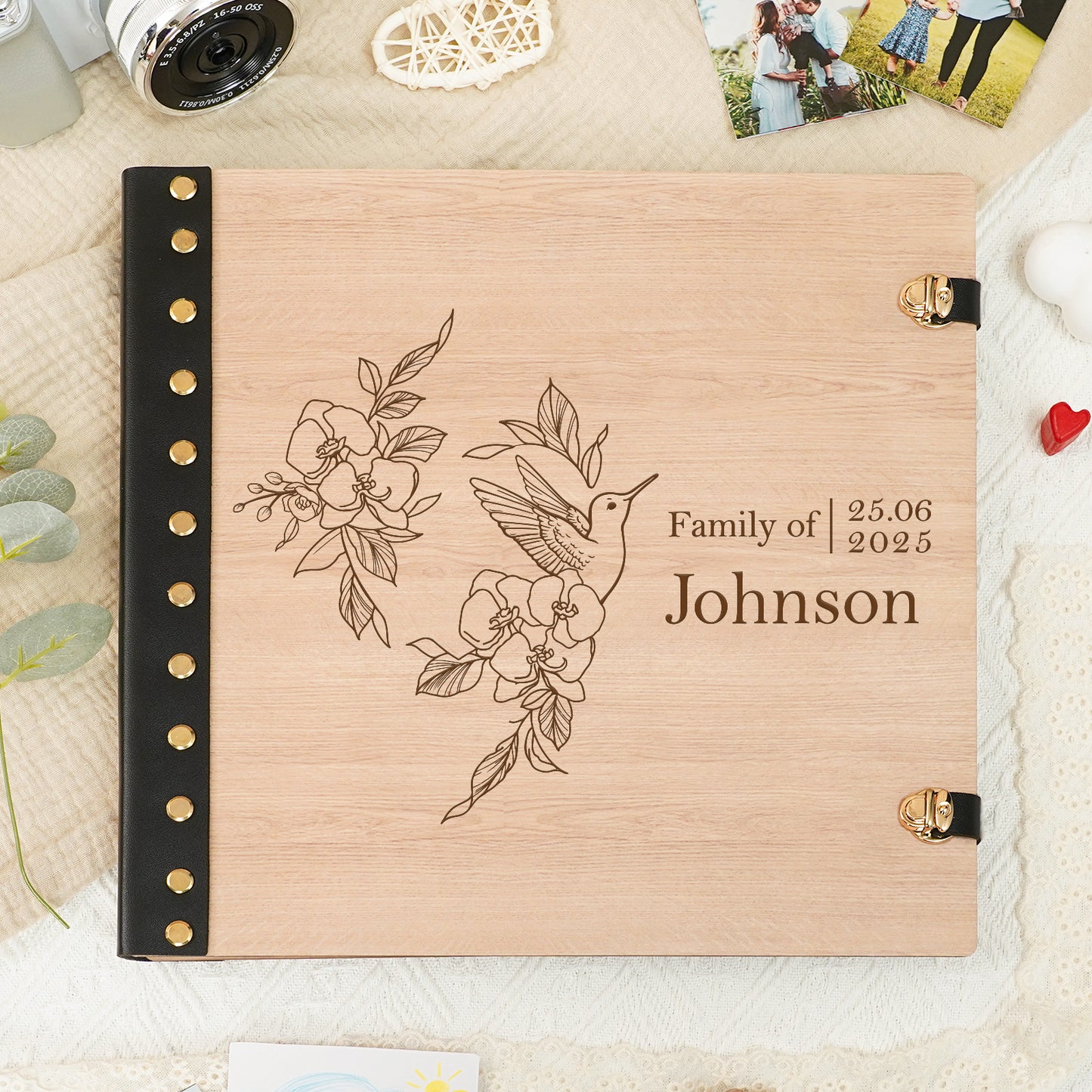 Personalized Family Photo Album โ Hummingbird & Floral Engraved Wooden Cover