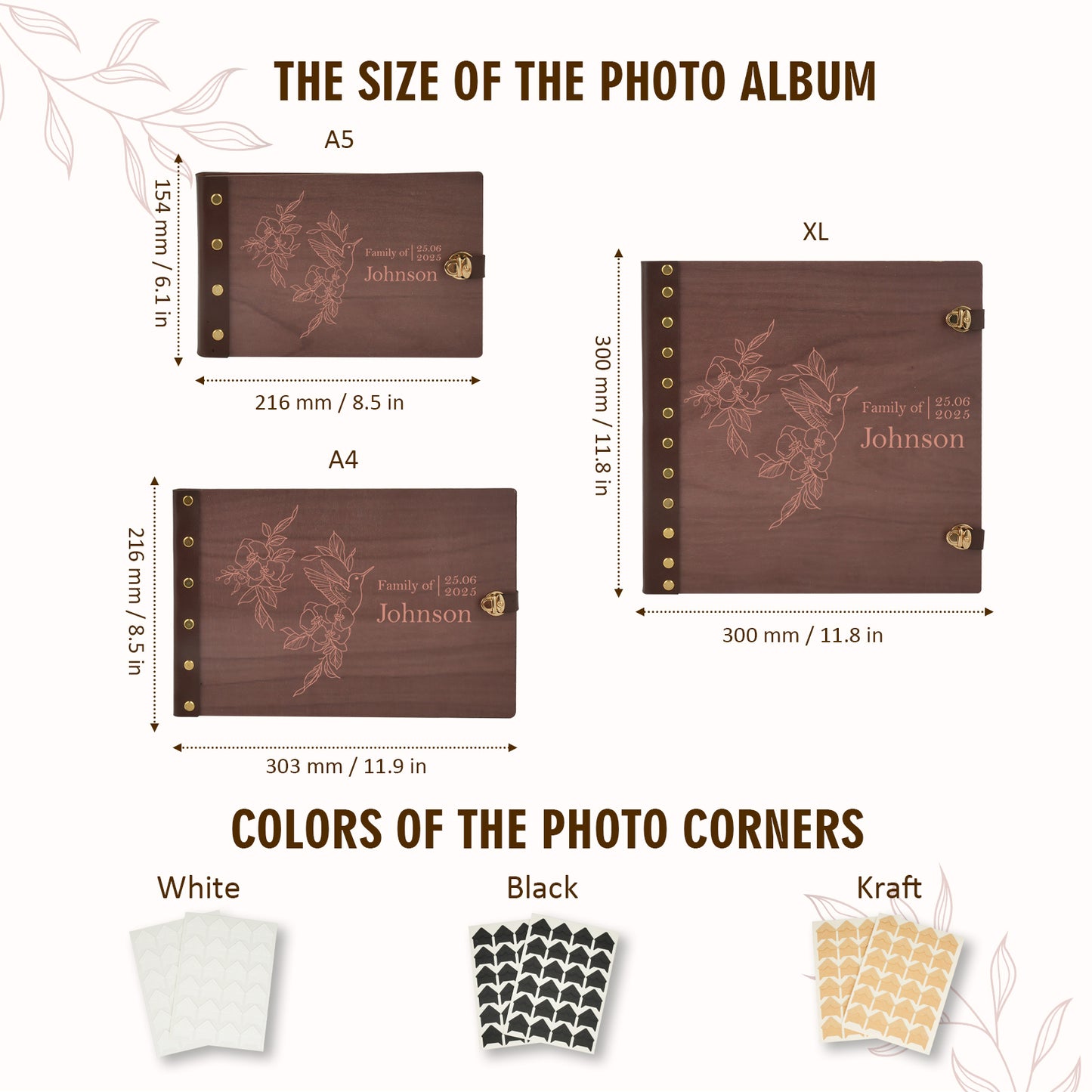 Personalized Family Photo Album โ Hummingbird & Floral Engraved Wooden Cover