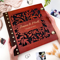 Wooden Photo Album with Carved Flowers and Engraved Names