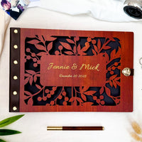Wooden Photo Album with Carved Flowers and Engraved Names