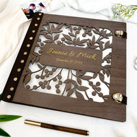 Wooden Photo Album with Carved Flowers and Engraved Names