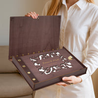Wooden Photo Album with Carved Flowers and Engraved Names