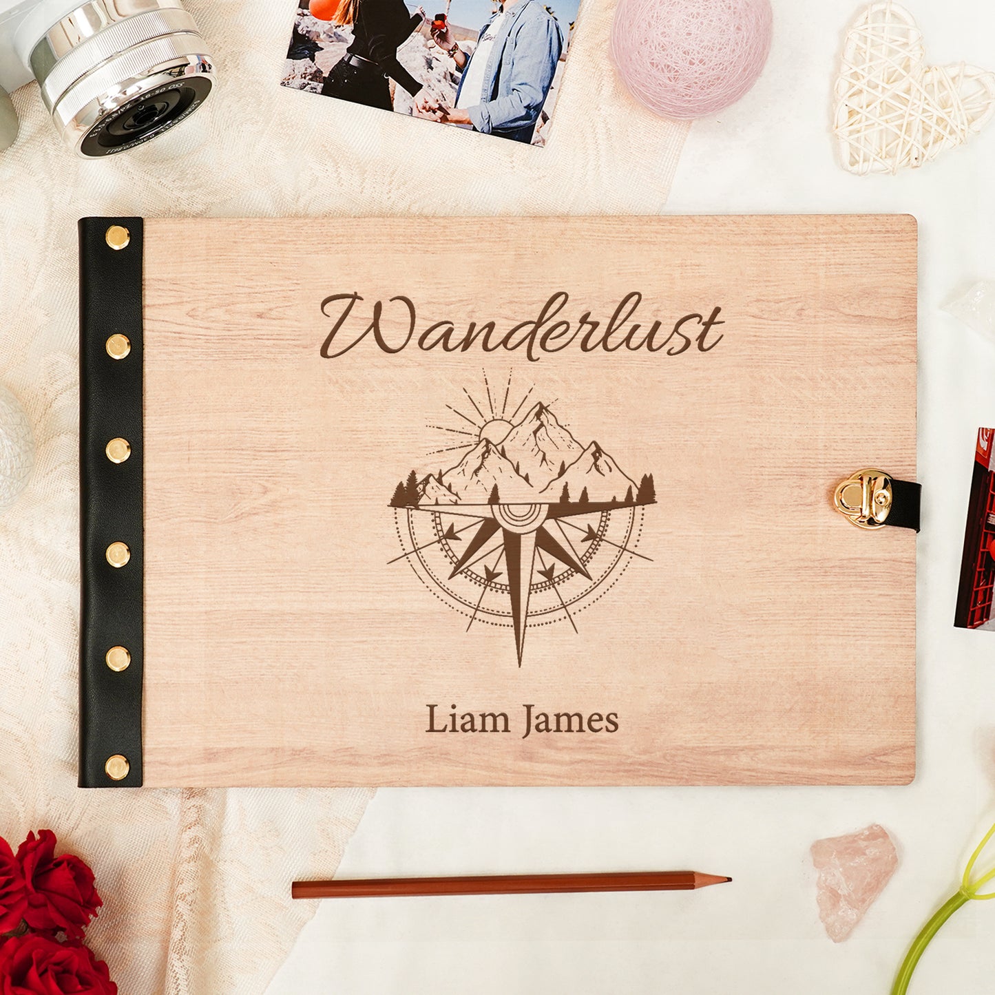 personalized Travel Photo Album – Wanderlust Compass Wooden Cover