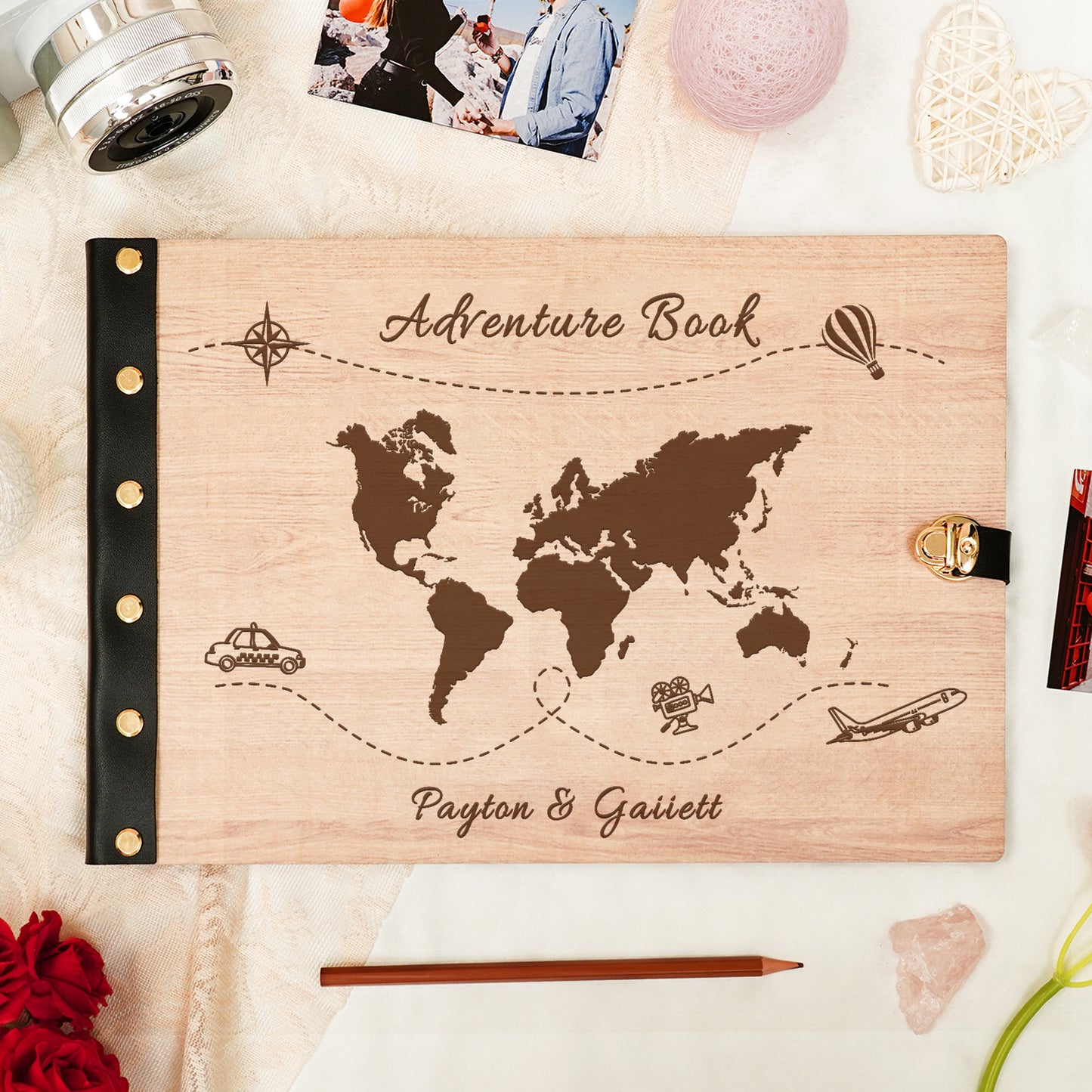 Personalized Travel Photo Album – World Map Engraved Wooden Cover