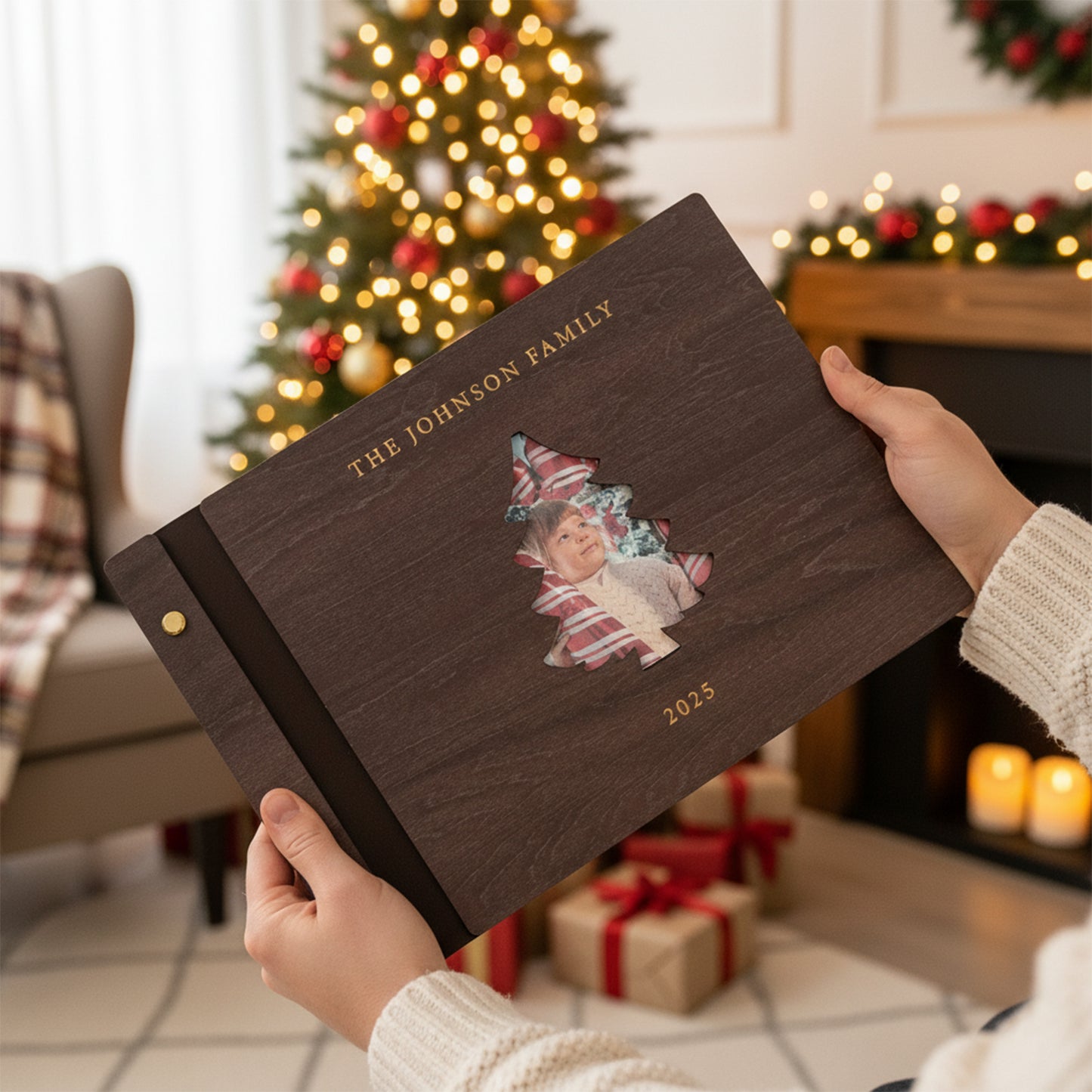 Personalized Family Photo Album – Christmas Tree Cutout Wooden Cover