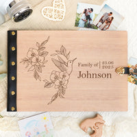 Personalized Family Photo Album – Hummingbird & Floral Engraved Wooden Cover