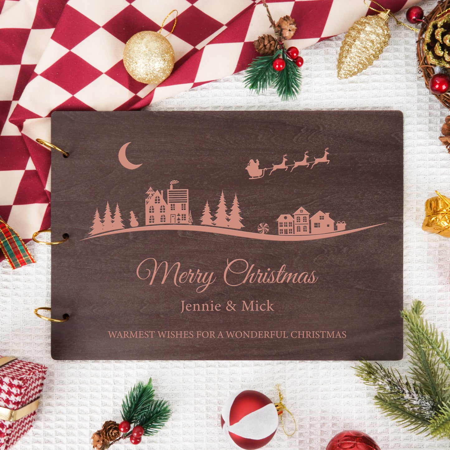 Personalized Photo Album – Christmas Village Engraved Wooden Cover