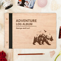 Personalized Travel Photo Album – Explorer’s Log, Mountain Bear Wooden Cover