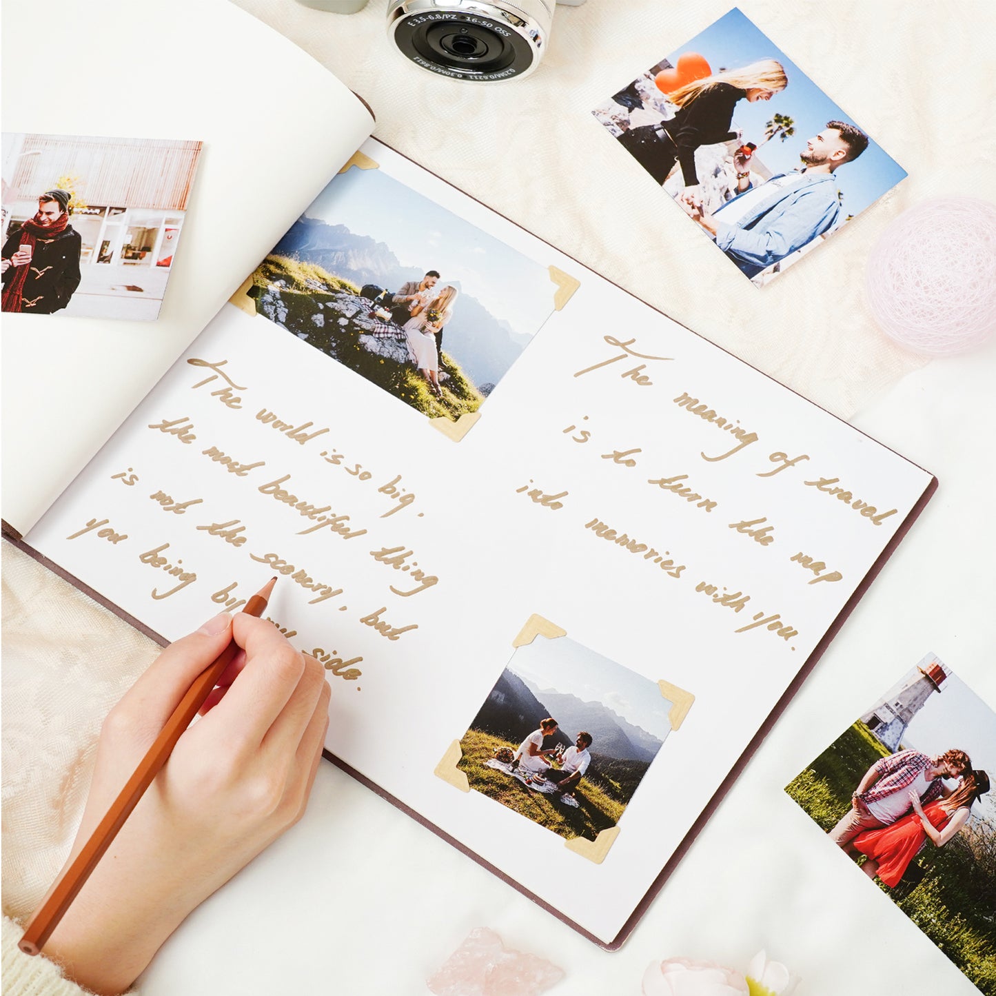 personalized Travel Photo Album – Wanderlust Compass Wooden Cover
