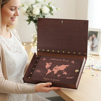 Personalized Travel Photo Album – World Map Engraved Wooden Cover