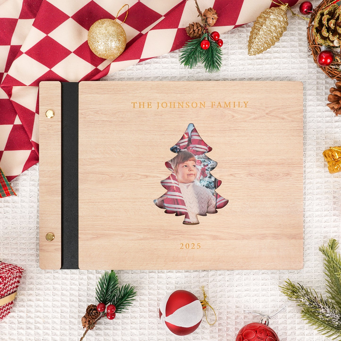 Personalized Family Photo Album – Christmas Tree Cutout Wooden Cover