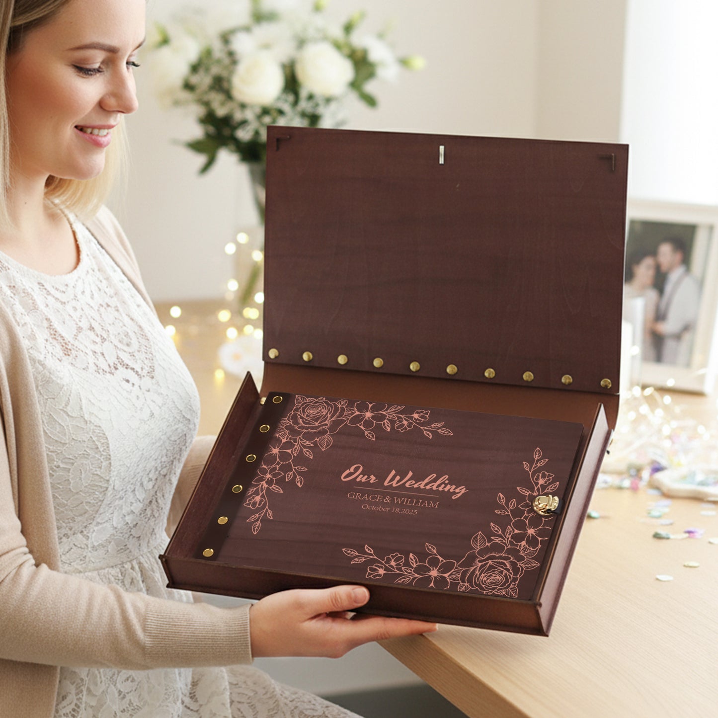Personalized Photo Album – Floral Engraved Our Wedding