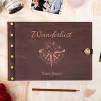 personalized Travel Photo Album – Wanderlust Compass Wooden Cover
