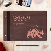 Personalized Travel Photo Album – Explorer’s Log, Mountain Bear Wooden Cover