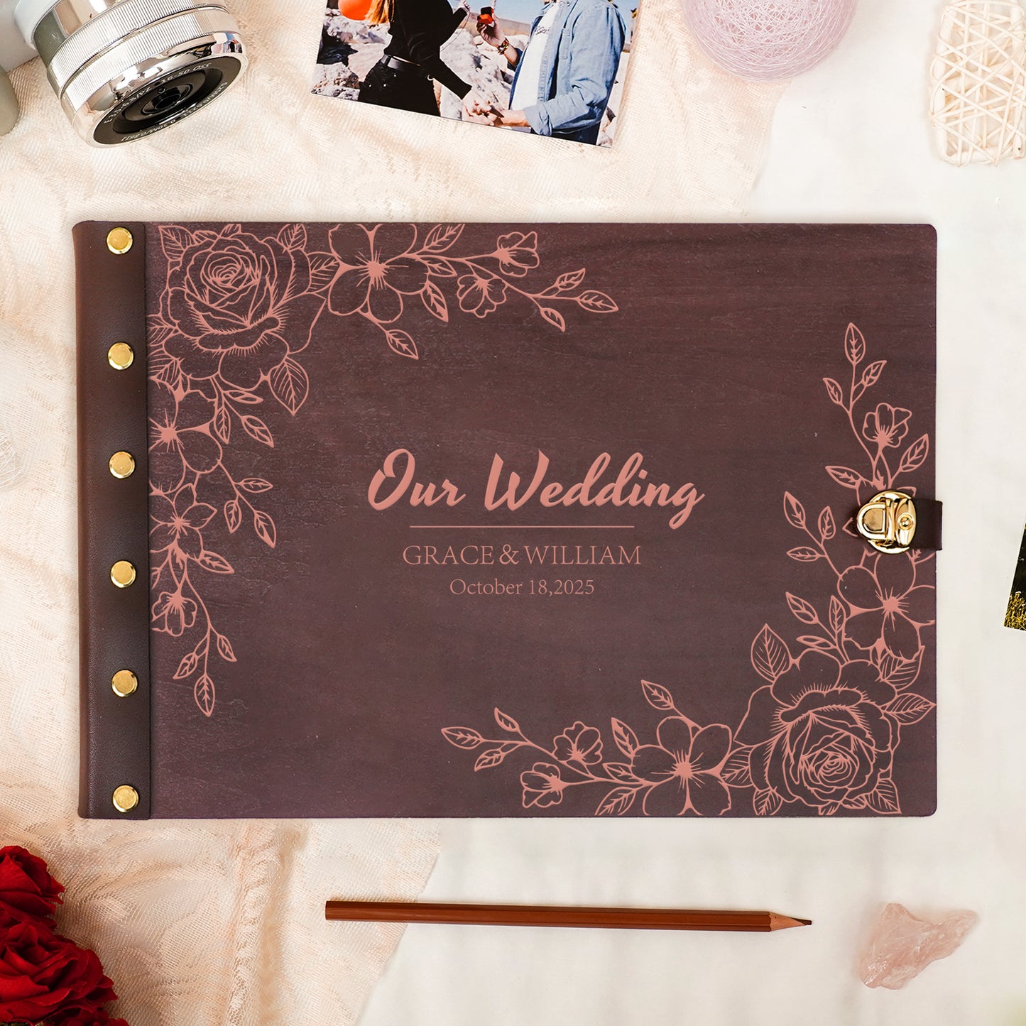 Personalized Photo Album – Floral Engraved Our Wedding