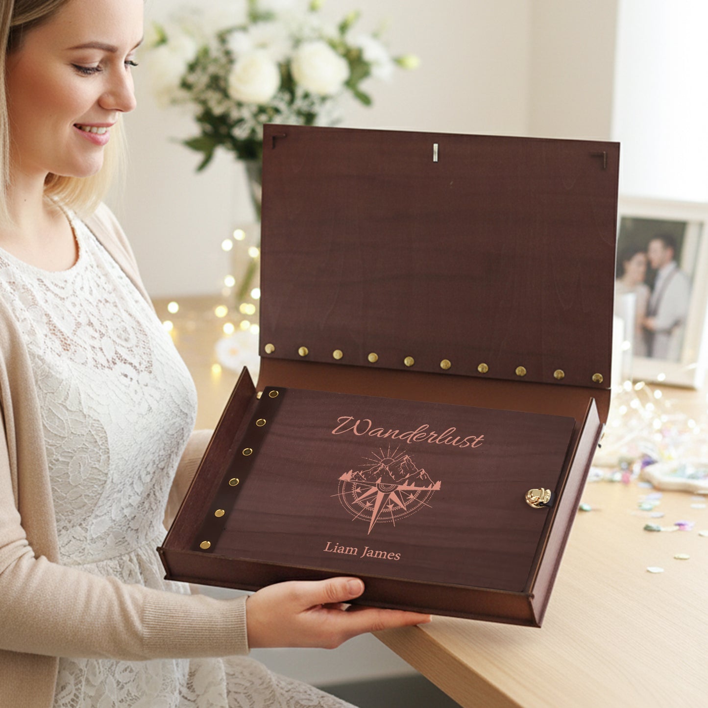 personalized Travel Photo Album – Wanderlust Compass Wooden Cover