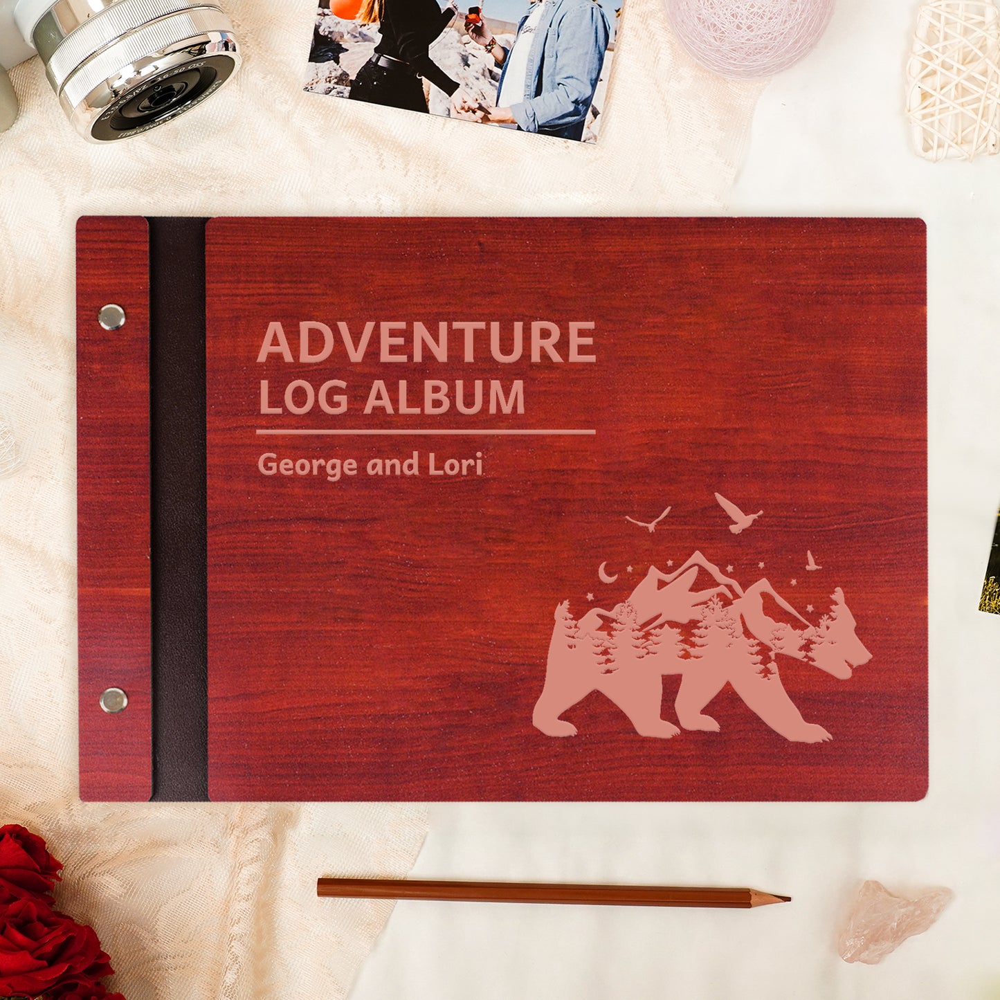 Personalized Travel Photo Album – Explorer’s Log, Mountain Bear Wooden Cover