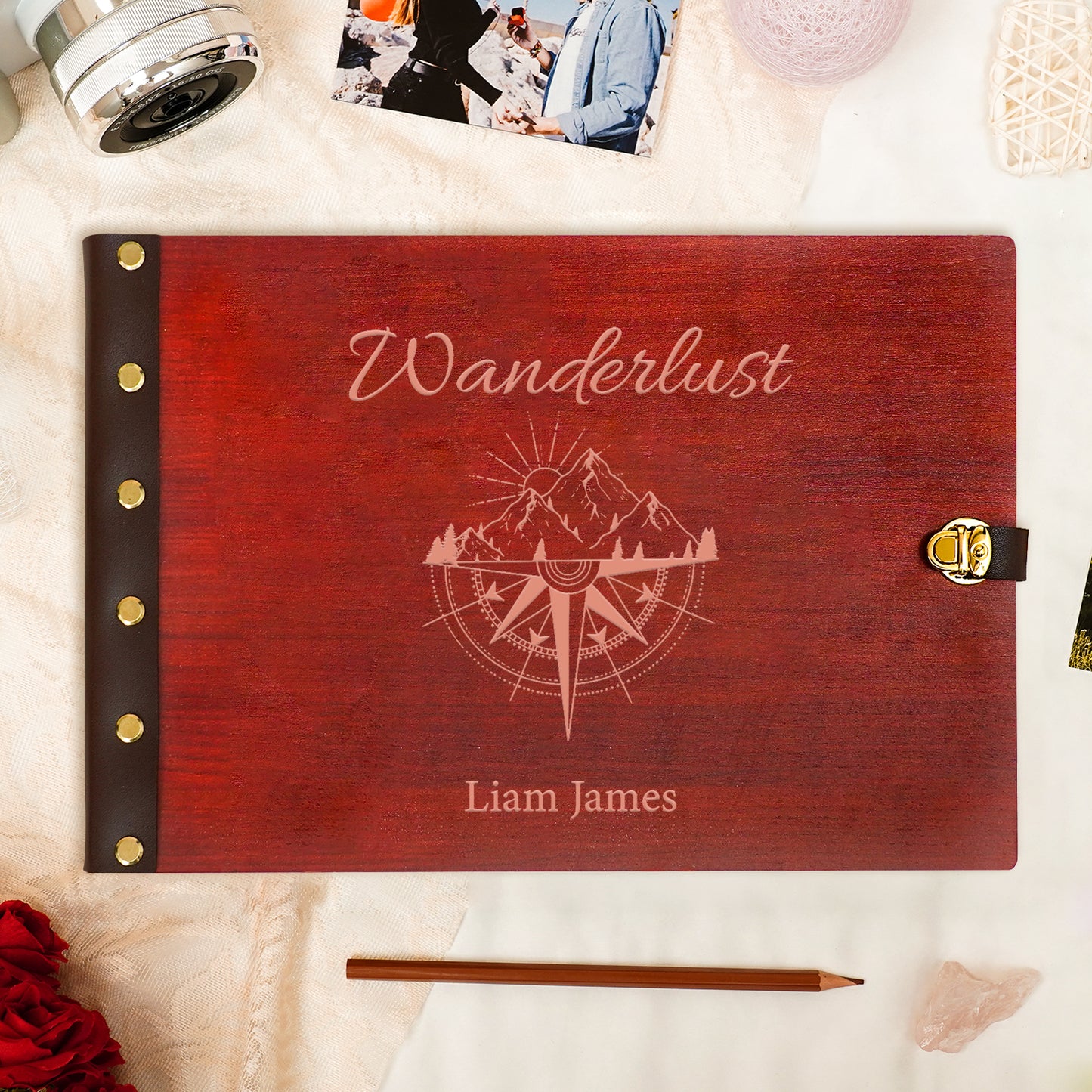 personalized Travel Photo Album – Wanderlust Compass Wooden Cover