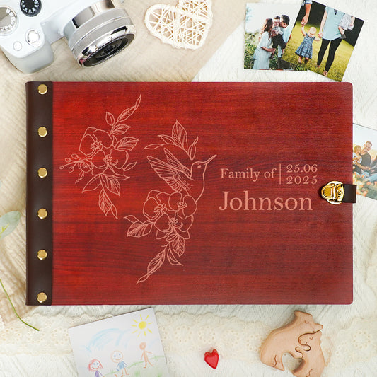 Personalized Family Photo Album – Hummingbird & Floral Engraved Wooden Cover