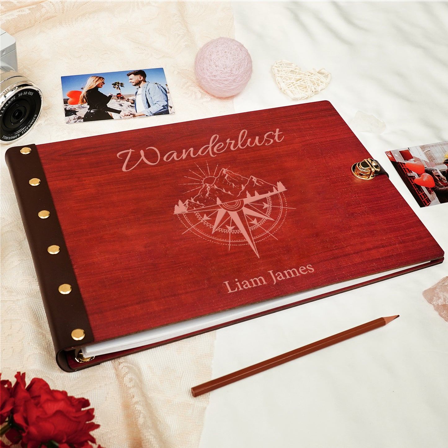 personalized Travel Photo Album – Wanderlust Compass Wooden Cover