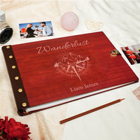 personalized Travel Photo Album – Wanderlust Compass Wooden Cover