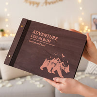 Personalized Travel Photo Album – Explorer’s Log, Mountain Bear Wooden Cover