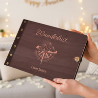 personalized Travel Photo Album – Wanderlust Compass Wooden Cover