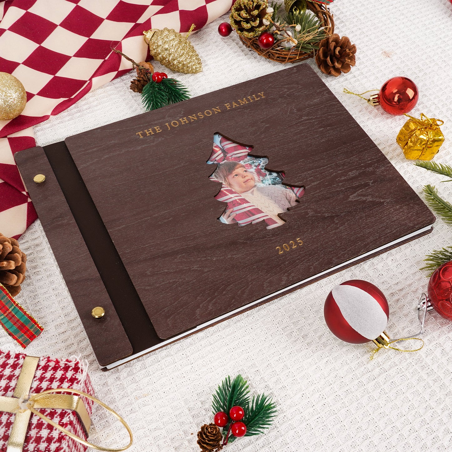 Personalized Family Photo Album – Christmas Tree Cutout Wooden Cover