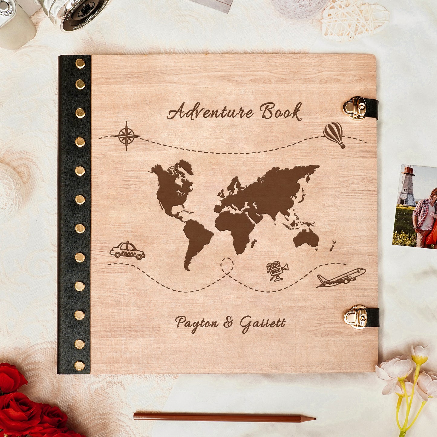 Personalized Travel Photo Album – World Map Engraved Wooden Cover