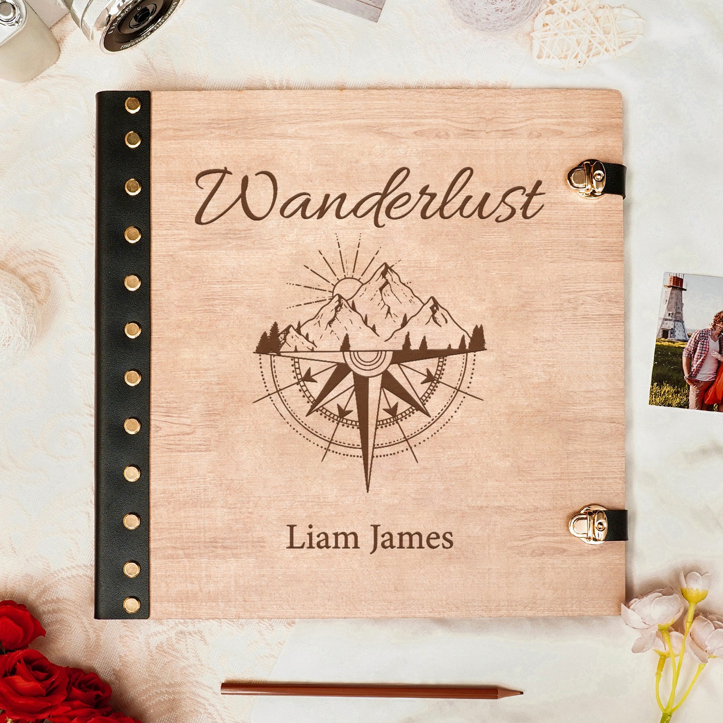 personalized Travel Photo Album – Wanderlust Compass Wooden Cover