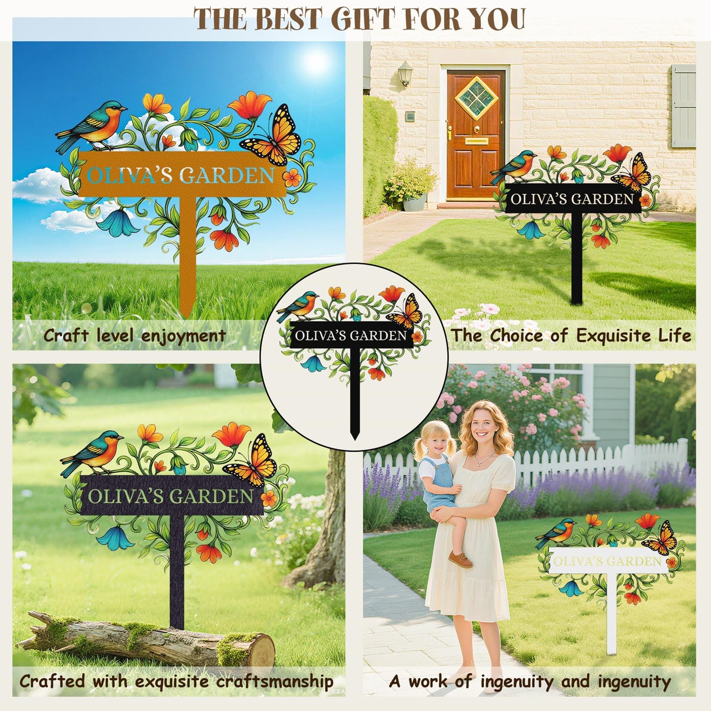 Personalized Garden Sign with Stake – Custom Name Floral Yard Decor