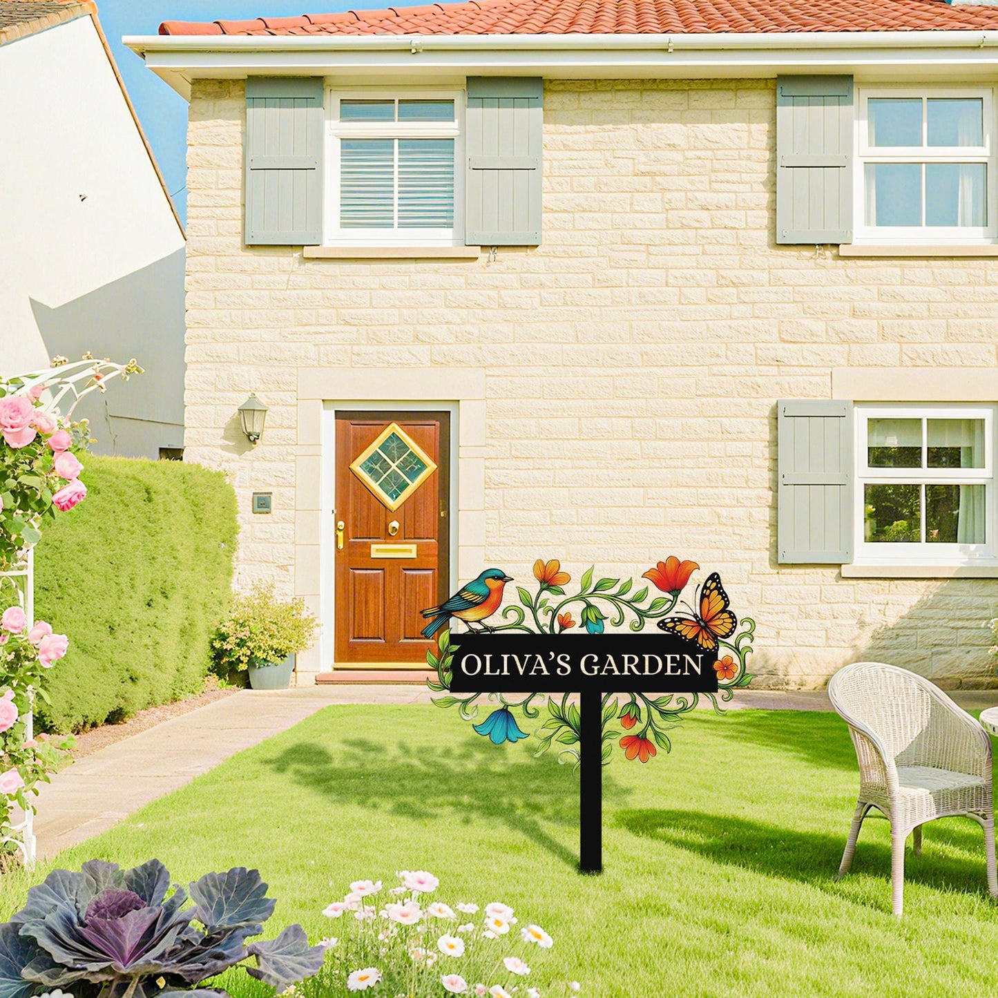 Personalized Garden Sign with Stake – Custom Name Floral Yard Decor