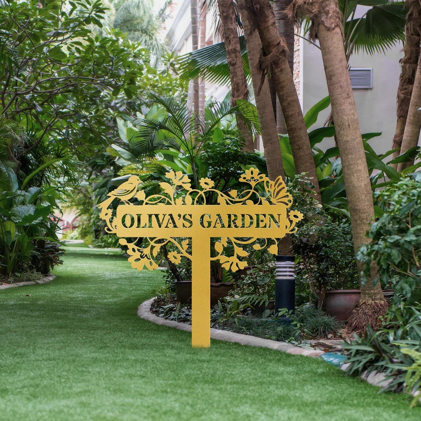 Personalized Metal Garden Sign with Stake – Custom Name Floral Yard Decor