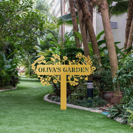 Personalized Metal Garden Sign with Stake – Custom Name Floral Yard Decor