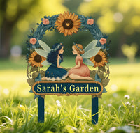 Personalized Fairy Garden Sign with Stake – Custom Name Sunflower Floral Yard Decor