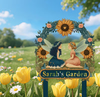 Personalized Fairy Garden Sign with Stake – Custom Name Sunflower Floral Yard Decor