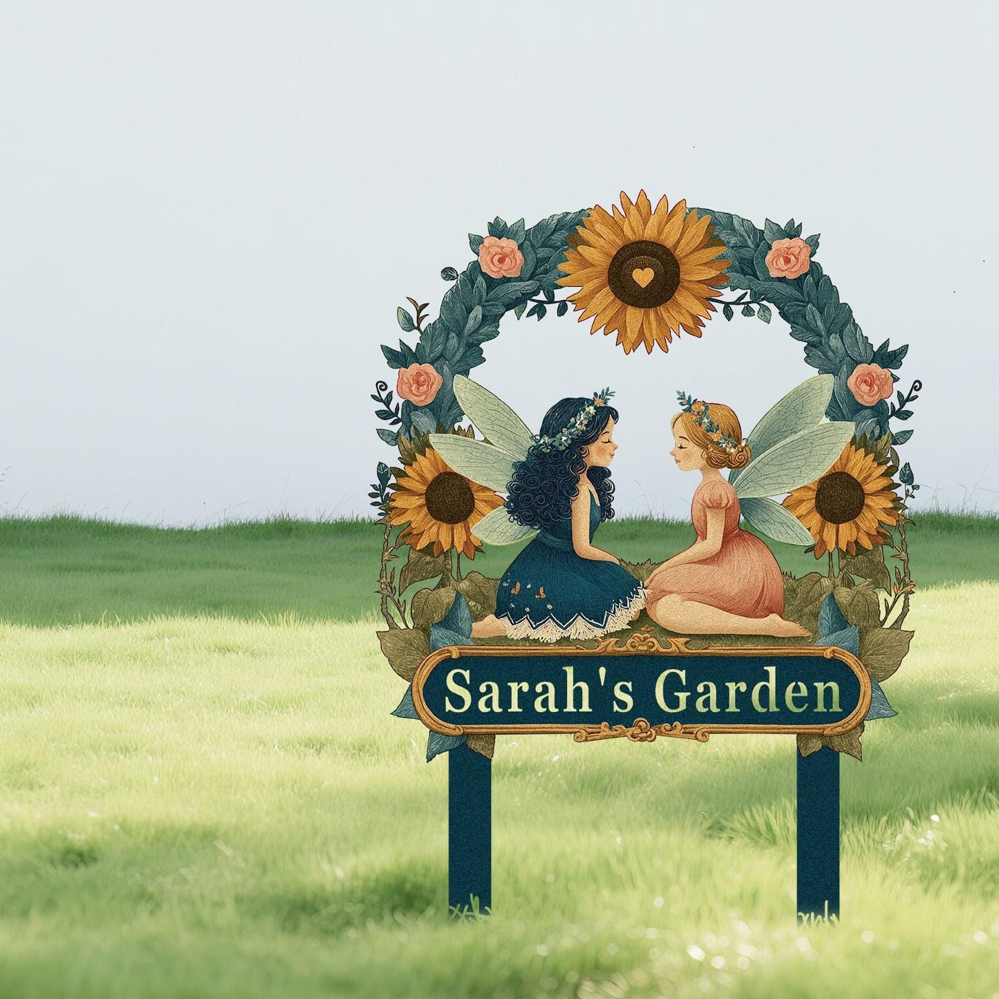 Personalized Fairy Garden Sign with Stake – Custom Name Sunflower Floral Yard Decor