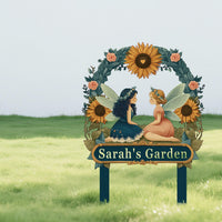 Personalized Fairy Garden Sign with Stake – Custom Name Sunflower Floral Yard Decor